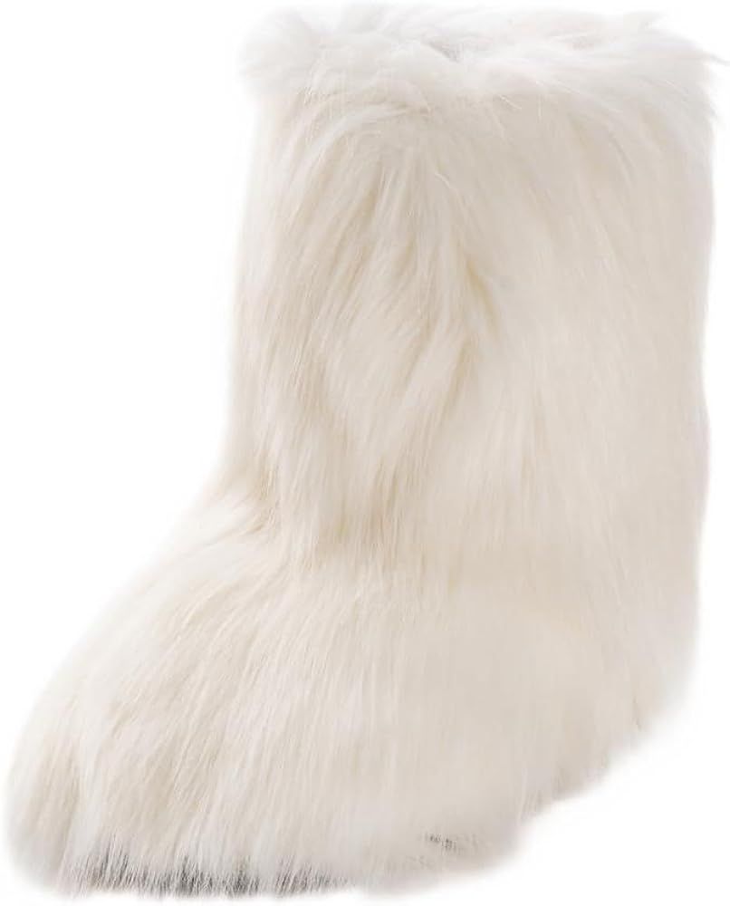 IXU Women's Faux Fur Boot Furry Fluffy Round Toe Suede Winter Comfy Plush Warm Short Outdoor Indo... | Amazon (US)