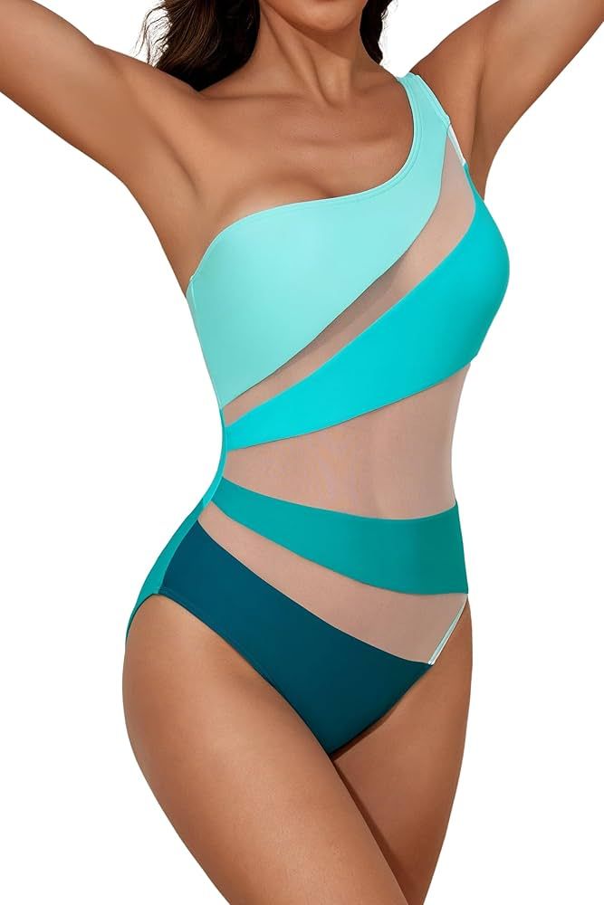 B2prity Women's One Piece Swimsuits One Shoulder Slimming Bathing Suit Tummy Control Colorblock S... | Amazon (US)