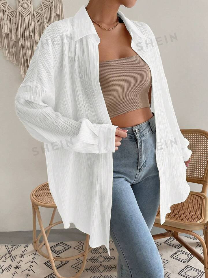 SHEIN EZwear Casual Vacation Solid Color Batwing Sleeve Loose Mid-Length Shirt | SHEIN