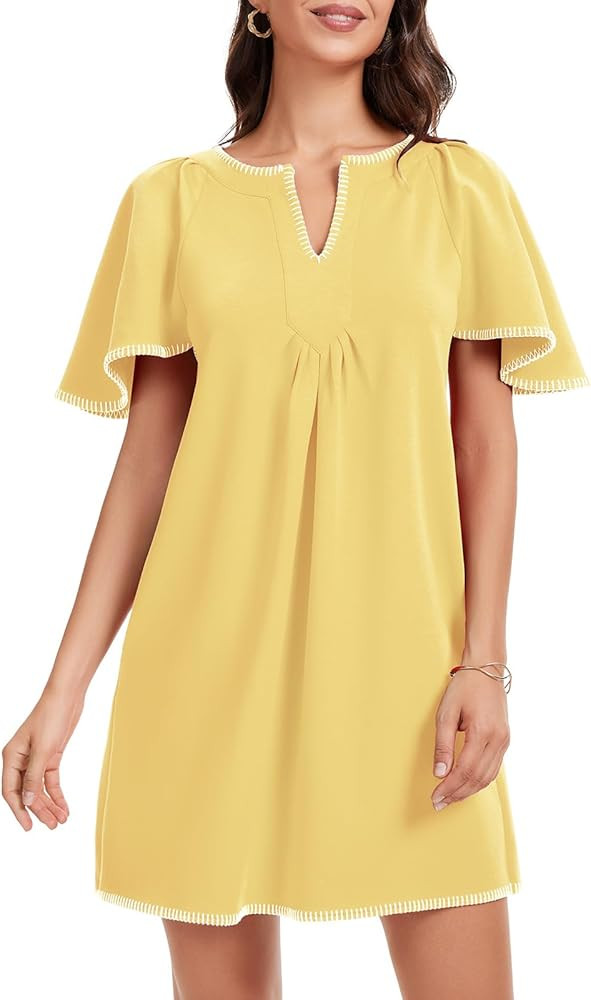 HOULENGS Women's Summer Flutter Short Sleeve A Line Mini Dress Casual Contrast Trim V Neck Short ... | Amazon (US)