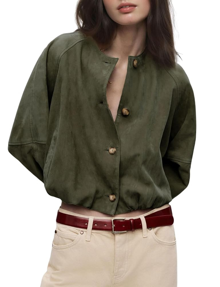 Daacee Women Faux Suede Cropped Jacket Vintage Button Front Round Neck Short Jackets Streetwear O... | Amazon (US)