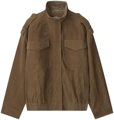 Xunger Women’s Suede Bomber Jacket Vintage High Collar Long Sleeve Zipper Oversized Faux Leathe... | Amazon (US)