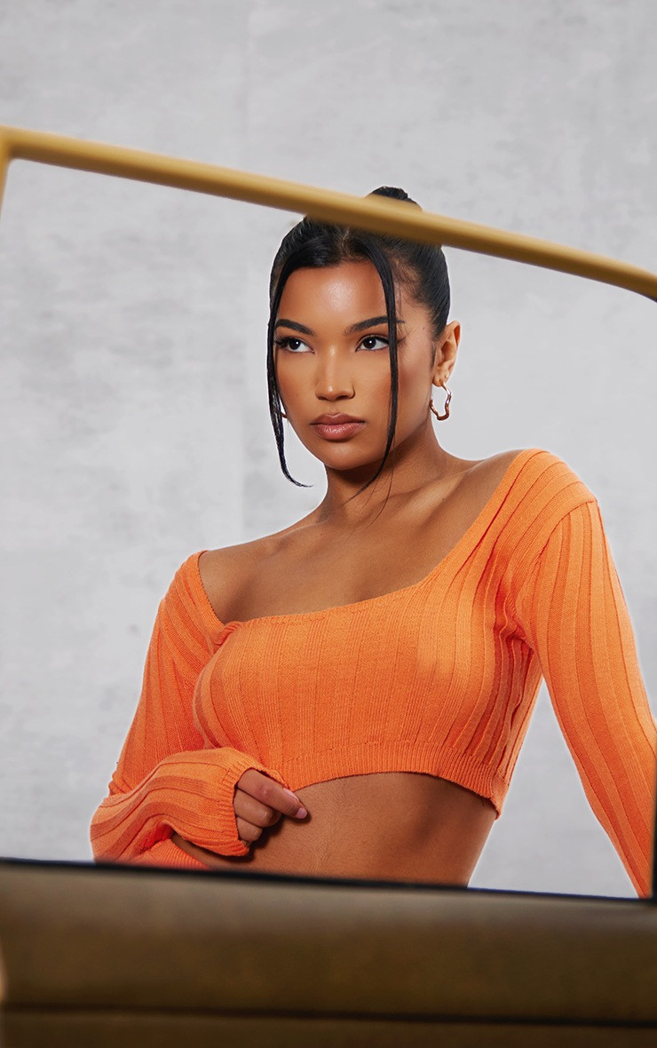 Orange Wide Rib Knit Square Neck Top | PrettyLittleThing US