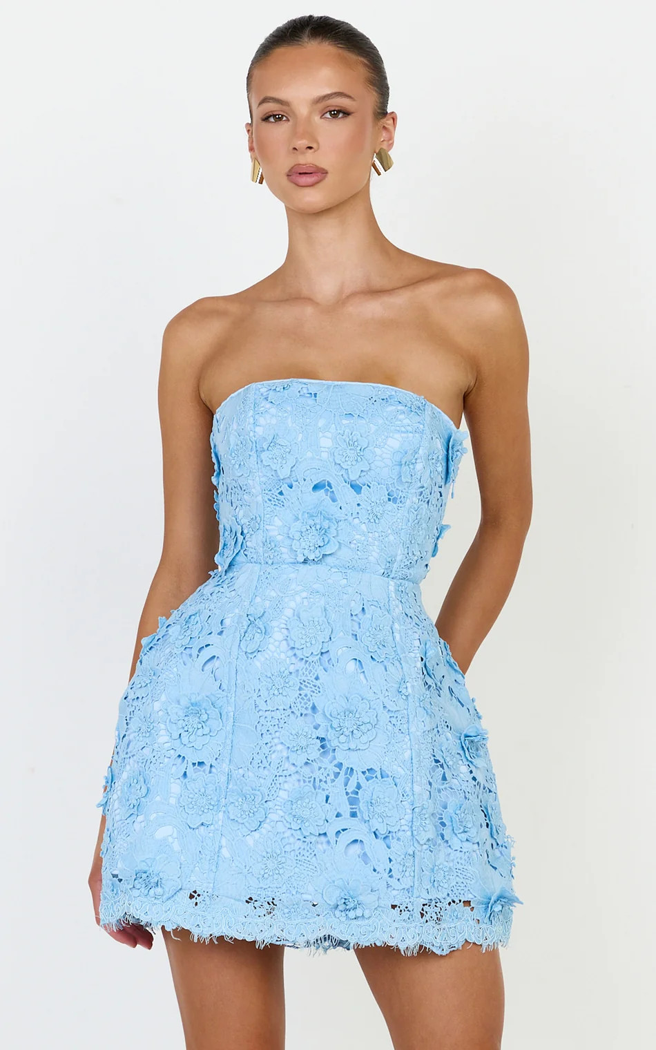 Strapless Lace Up Back A Line Dress in Blue | Showpo (ANZ)