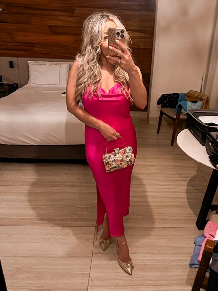 Beach outfit. Beach vacation outfit. Hot pink dress. Hot pink silk dress. Flowers clutch. Gold heels. Valentine’s Day outfit. Valentine’s Day outfit ideas. Wedding dress ideas. 

#LTKstyletip #LTKwedding #LTKitbag