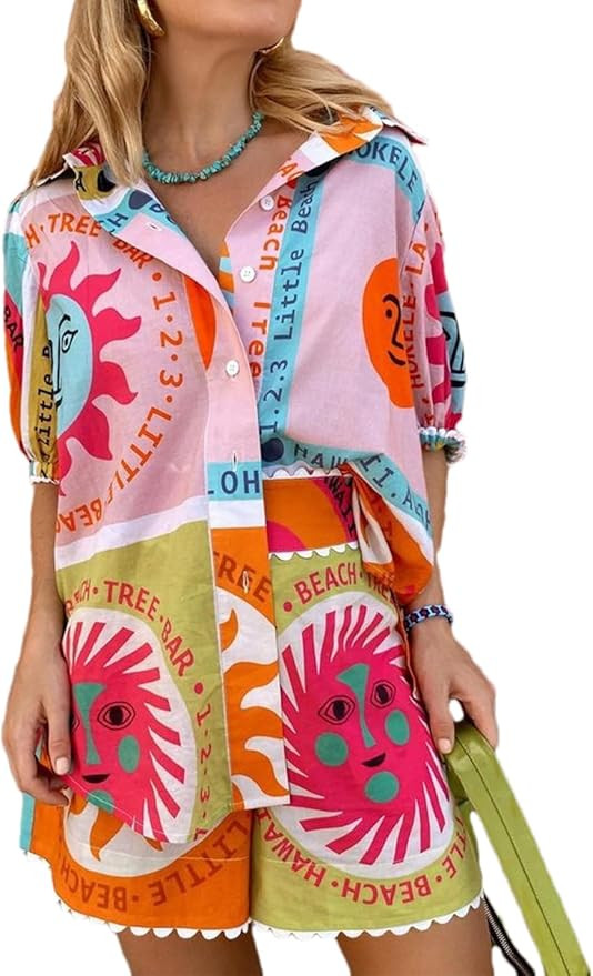 Womens 2 Piece Printed Pajama Set Short Sleeve Button Down Shirt Wide Leg Shorts Summer Loungewea... | Amazon (US)