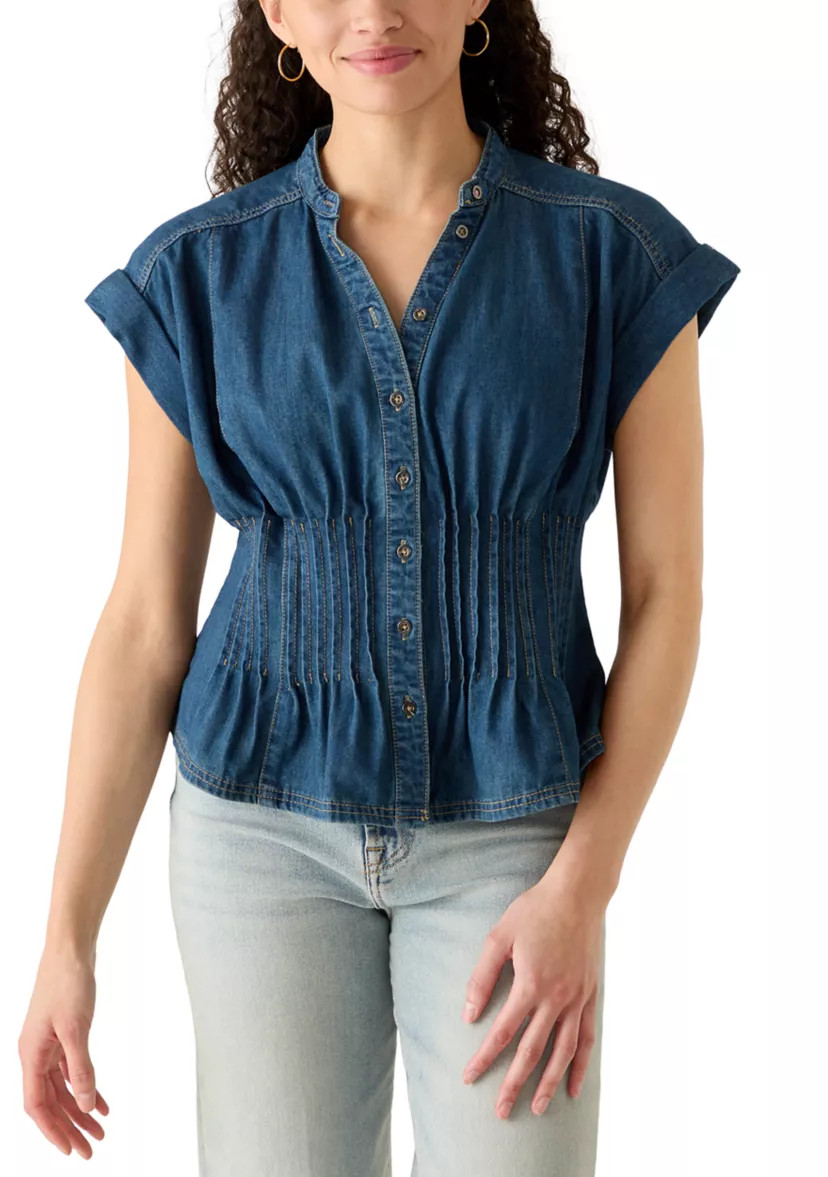 Women's Button Front Short Sleeve Pleated Top | Belk