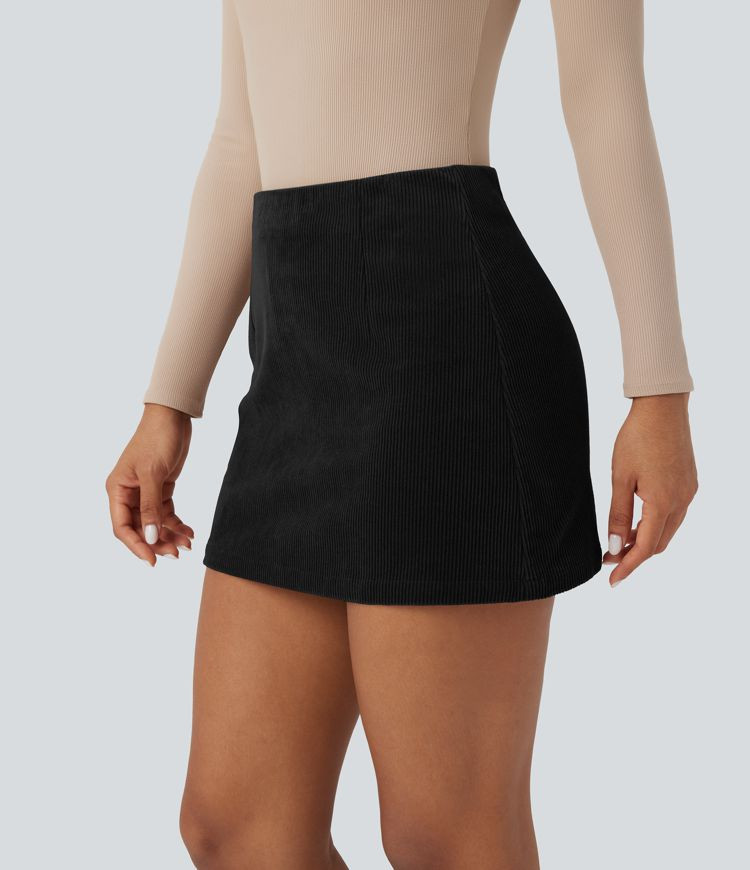 High Waisted Tummy Control Butt Lifting Corduroy Bodycon Mini Casual Skirt with Pockets | HALARA