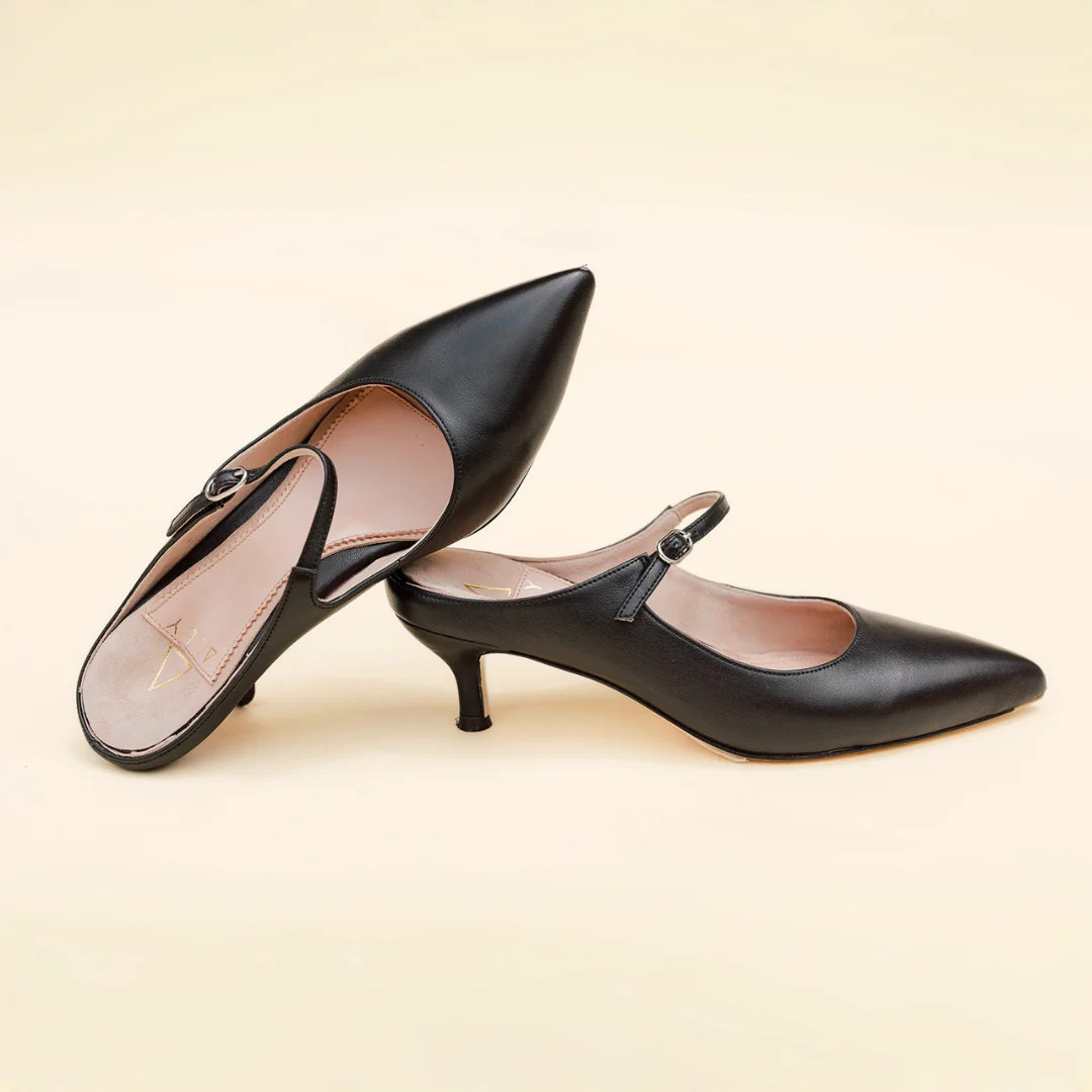 Black Leather Mary Jane Kitten Mule | ALLY Shoes