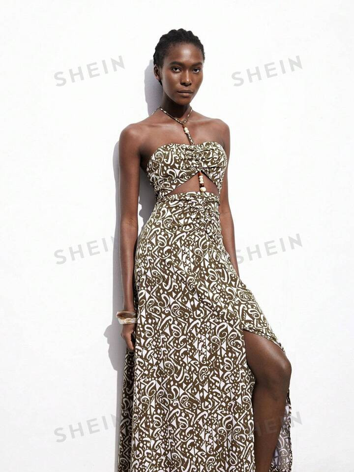 SHEIN Maija Women's  Print Decor White & Coffee Beaded Pendant Hollow Waist Ruffle Dress, Teacher... | SHEIN
