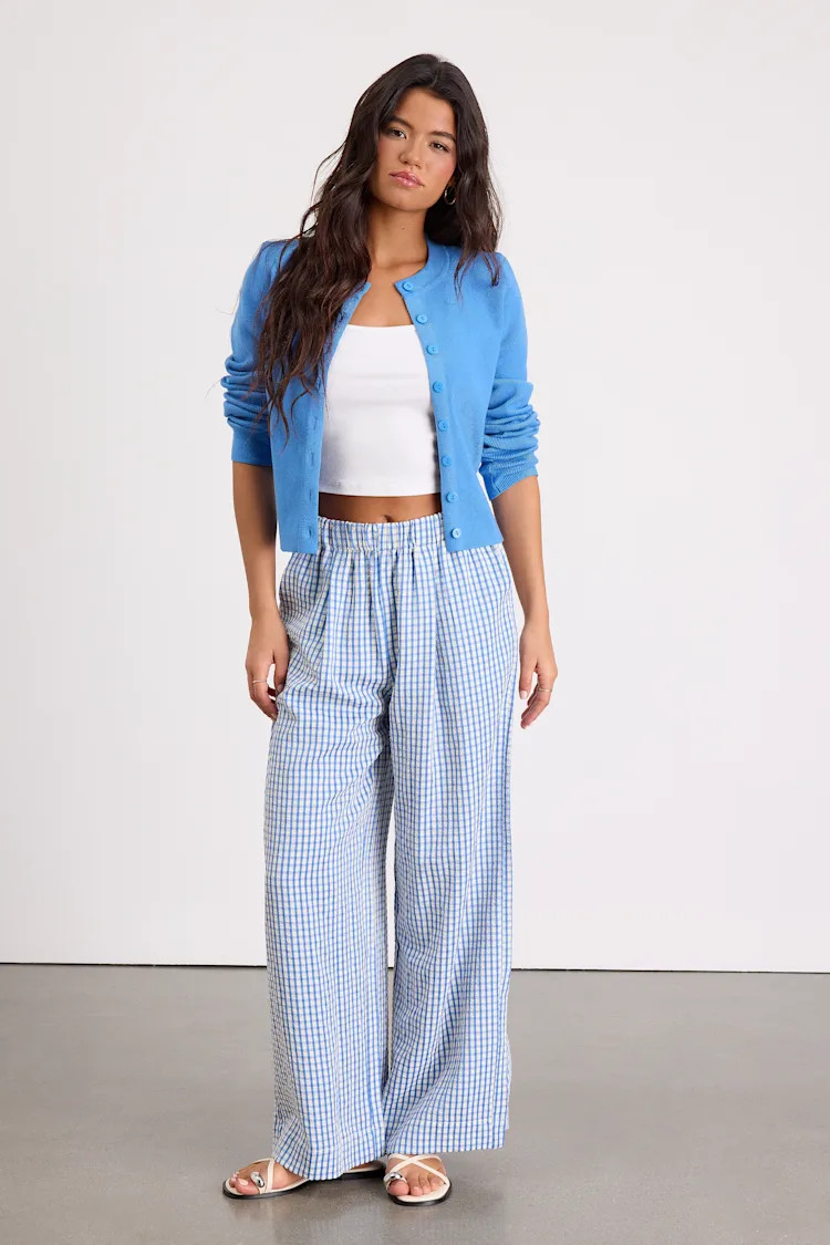 Tilly Blue Gingham Mid-Rise Wide-Leg Pants | Lulus