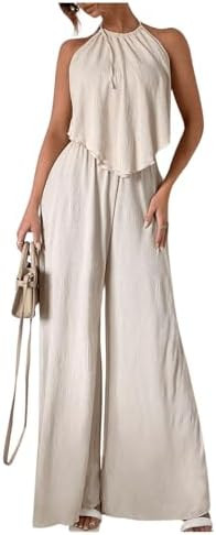 MakeMeChic Women's 2 Piece Outfits Tie Open Back Layered Halter Tops Wide Leg Pants Matching Set | Amazon (US)