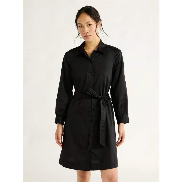 Free Assembly Women’s Belted Cotton Mini Dress with Long Sleeves, Sizes XS-XXL | Walmart (US)