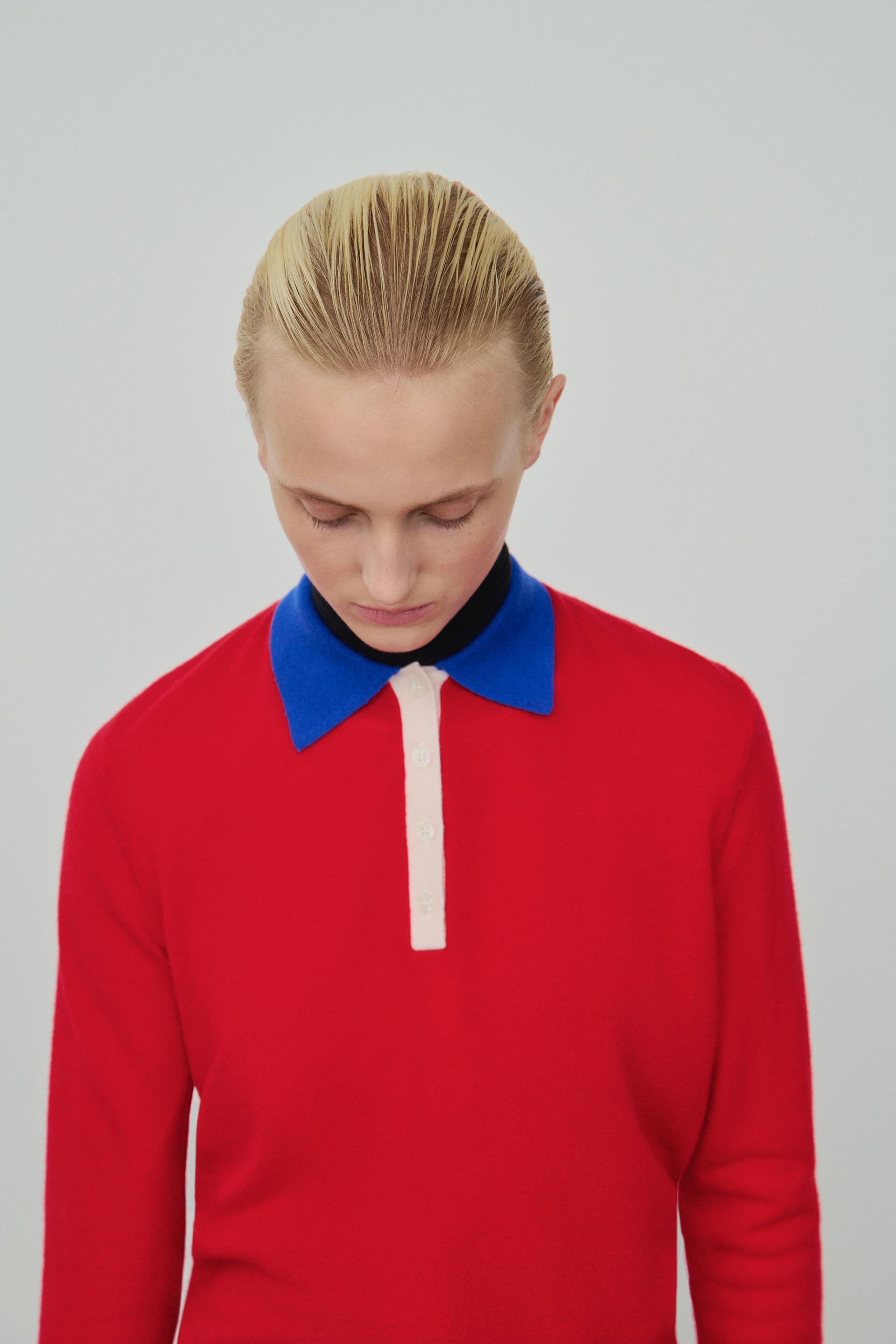 Zara - 100% Extra-Soft Wool Polo Sweater With Contrast Collar - Red - L - Woman | Zara US