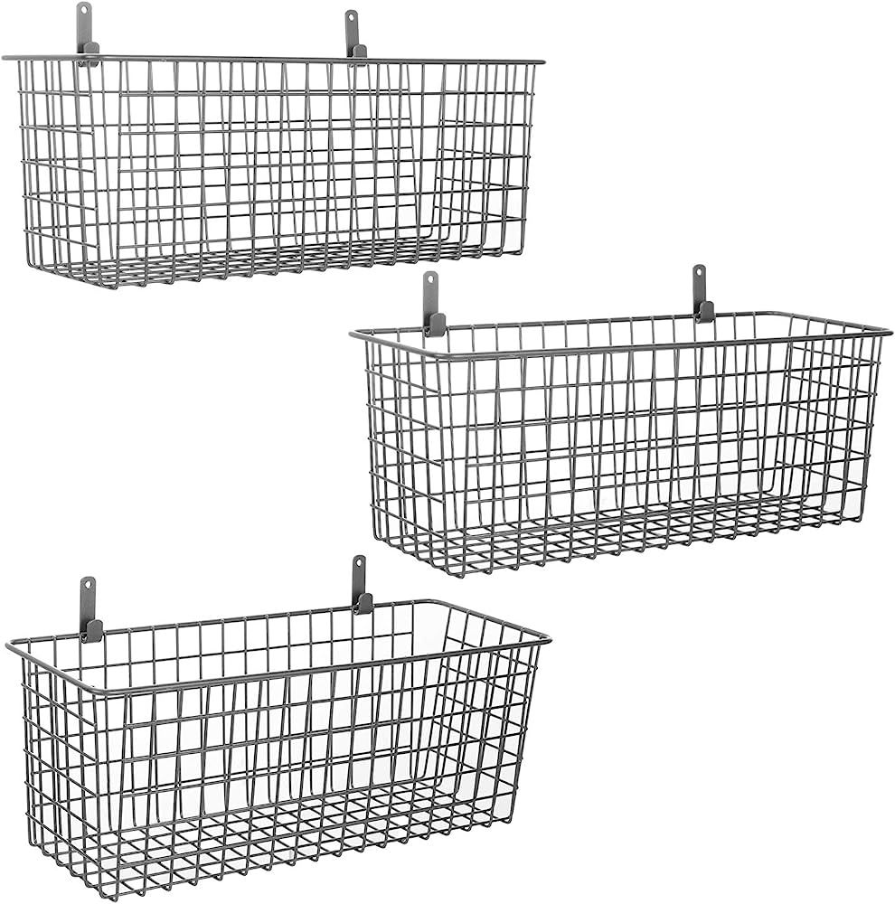 3 Set [Extra Large] Hanging Wall Basket for Storage, Wall Mount Sturdy Steel Wire Baskets, Metal ... | Amazon (US)