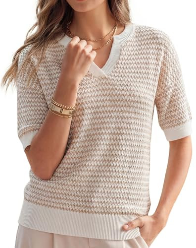 Arach&Cloz Women's 100% Cotton Polo V Neck Striped Short Sleeve Spring Casual Pullover Sweaters 2... | Amazon (US)