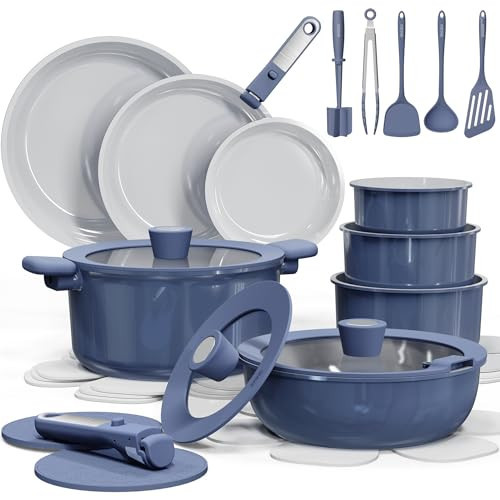 CAROTE 27pcs Ceramic Cookware Set Nonstick, Pots and Pans Set Non Stick, Non Toxic Cookware Detachable Handles, Dishwasher/Oven Safe, RV/Camping Cookware, Pan and Pot with Kitchen Utensils, Navy Blue | Amazon (US)