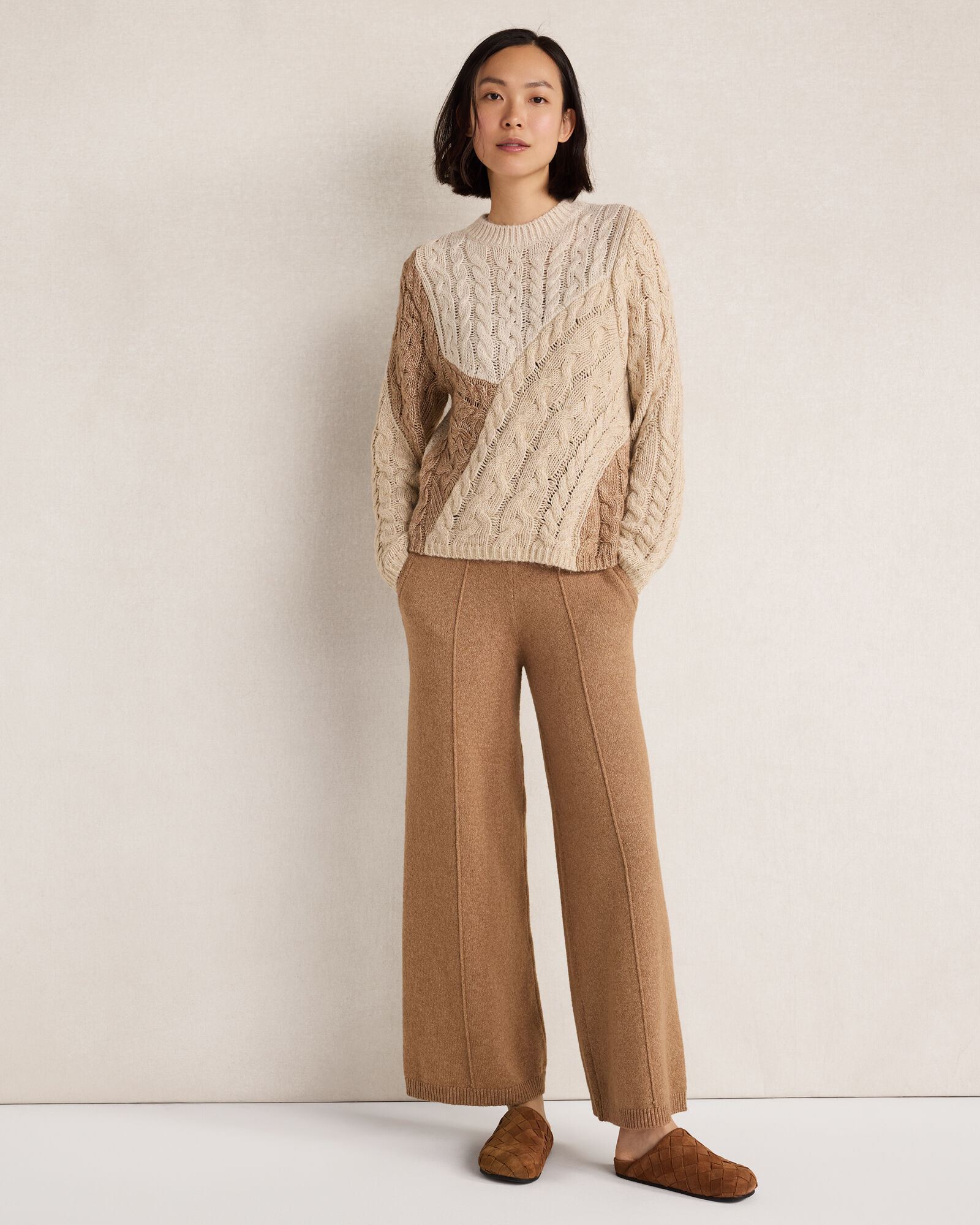 Cotton Blend Patchwork Cableknit Sweater | Haven Well Within