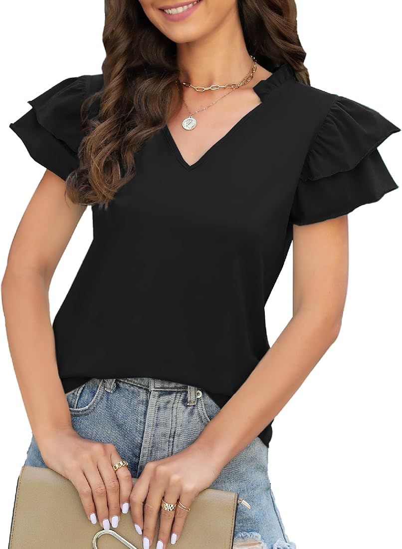 jstarloves Womens V Neck Shirts Ruffle Sleeve T Shirts Blouses Summer Tops for Women | Amazon (US)