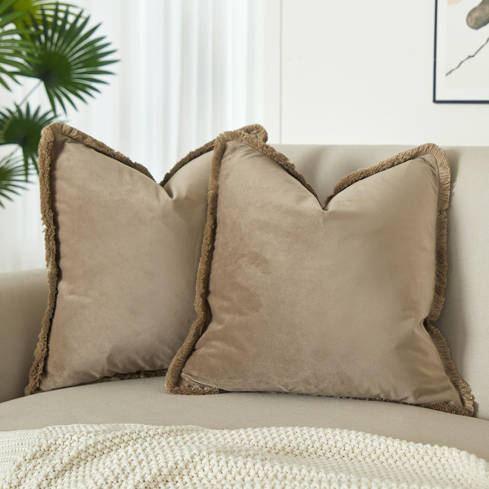 JUSPURBET Stone Velvet Throw Pillow Covers 22x22 Inch Set of 2 with Soft Tassel Fringe Luxury Boho Pillowcase for Sofa Couch Bed Home Decor Machine Washable | Amazon (US)