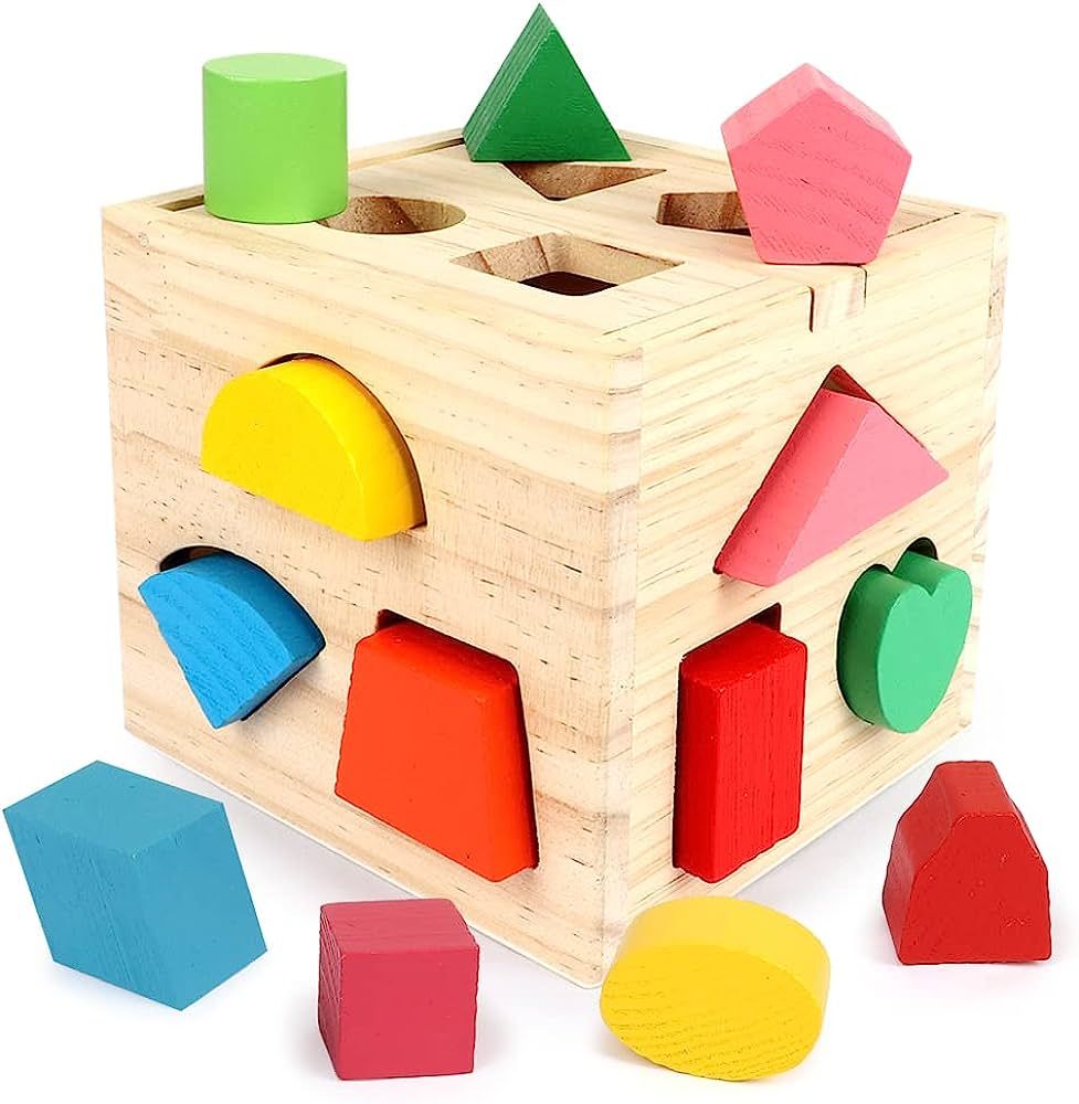 Aomola Wooden Shape Sorting Cube Toys with 13 Colorful Wood Geometric Shape Blocks and Sorter Box... | Amazon (US)