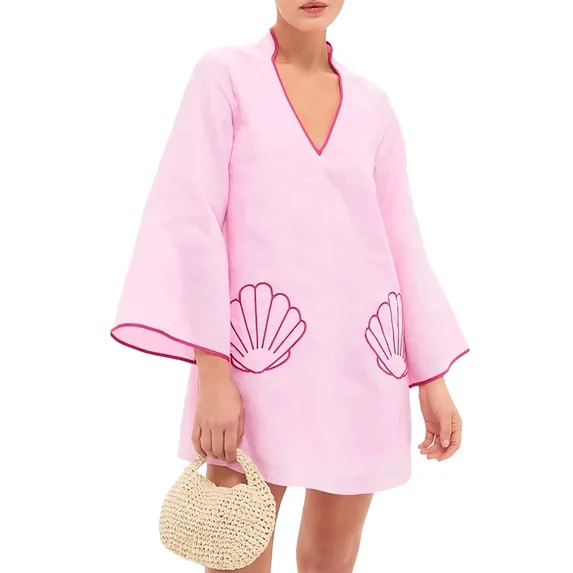Czanzd Women's V-Neck Babydoll Mini Dress 3/4 Sleeve Loose Fit Summer Cover Up with Shell Embroid... | Walmart (US)