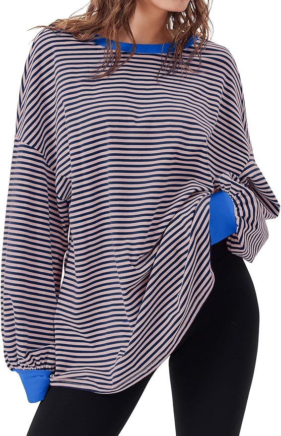 Tankaneo Womens Oversized Long Sleeve T Shirts Striped Color Block Cotton Tunic Tops Loose Fit Fa... | Amazon (US)