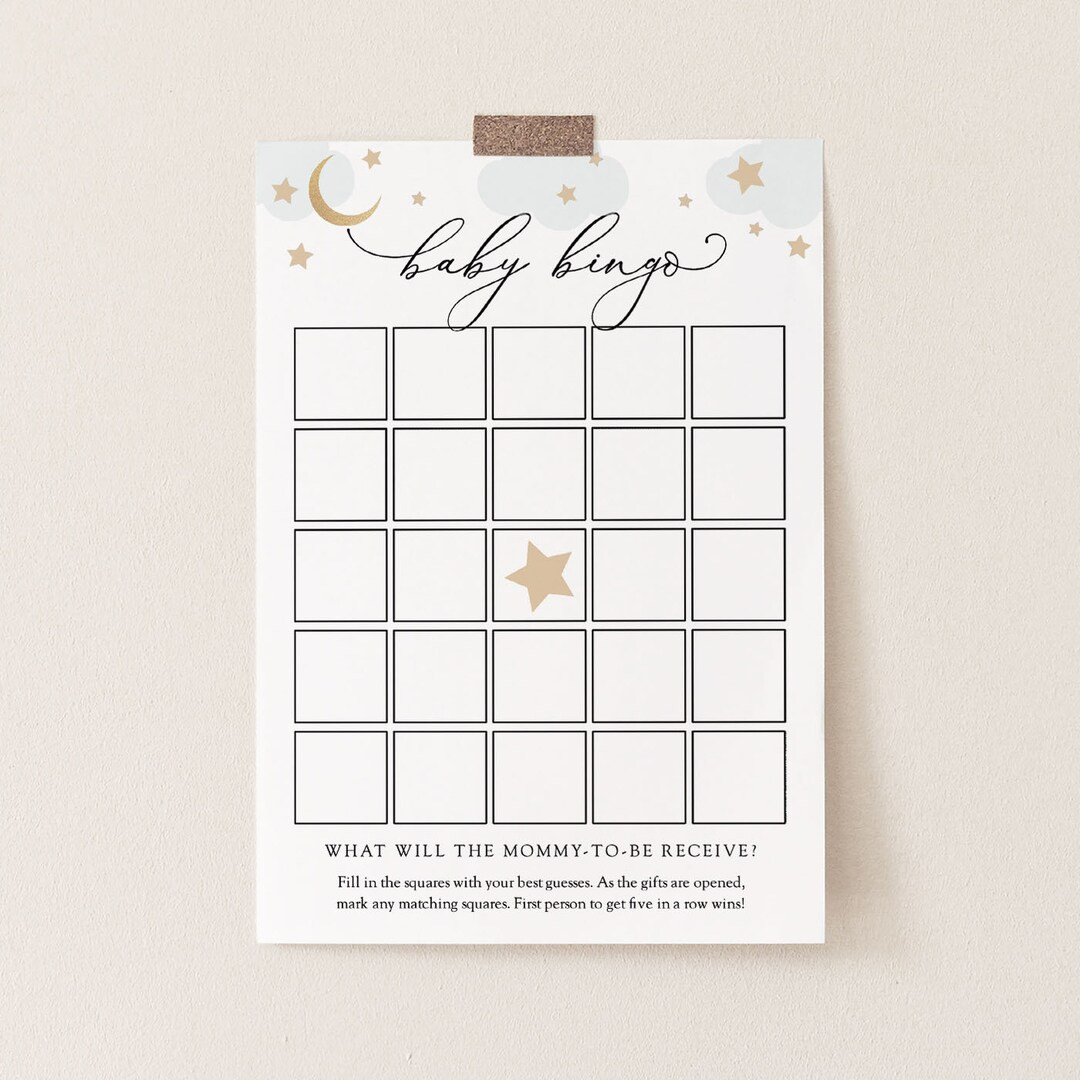 Over the Moon Baby Bingo Game Printable Card, Blue Clouds Gold Moon and Stars, Template, Instant ... | Etsy (US)