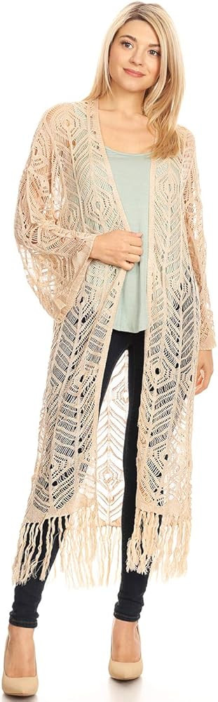 Anna-Kaci Boho Long Fringe Crochet Knit Kimono Swimwear Beach Cover Up Cardigan | Amazon (US)