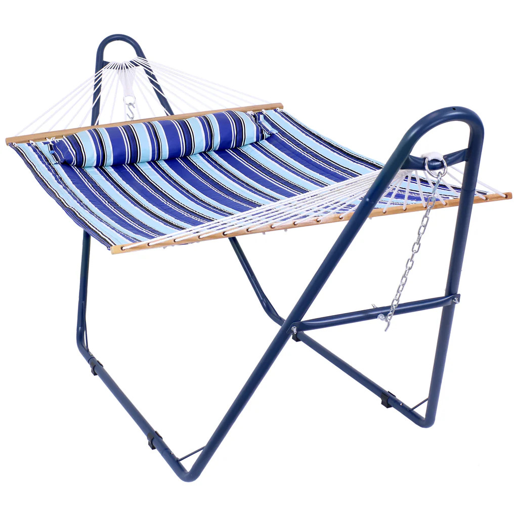 Sunnydaze Quilted 2-Person Hammock and Universal Blue Steel Stand Catalina Beach | Sunnydaze Decor