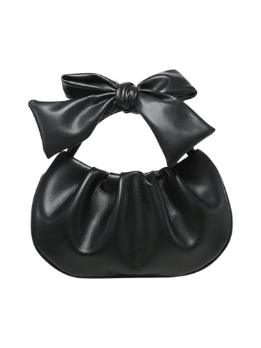Verdusa Women's Ruched Hobo Handbag Cute Bow Clutch Purse Small Leather Top Handle Bags Black One-Size | Amazon (US)