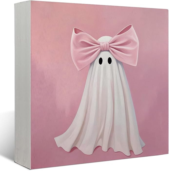 Mtrgdn Cute Halloween Decor,Halloween Decorations Indoor,Pink Ghost with Bow Desk Decor Wooden Bo... | Amazon (US)
