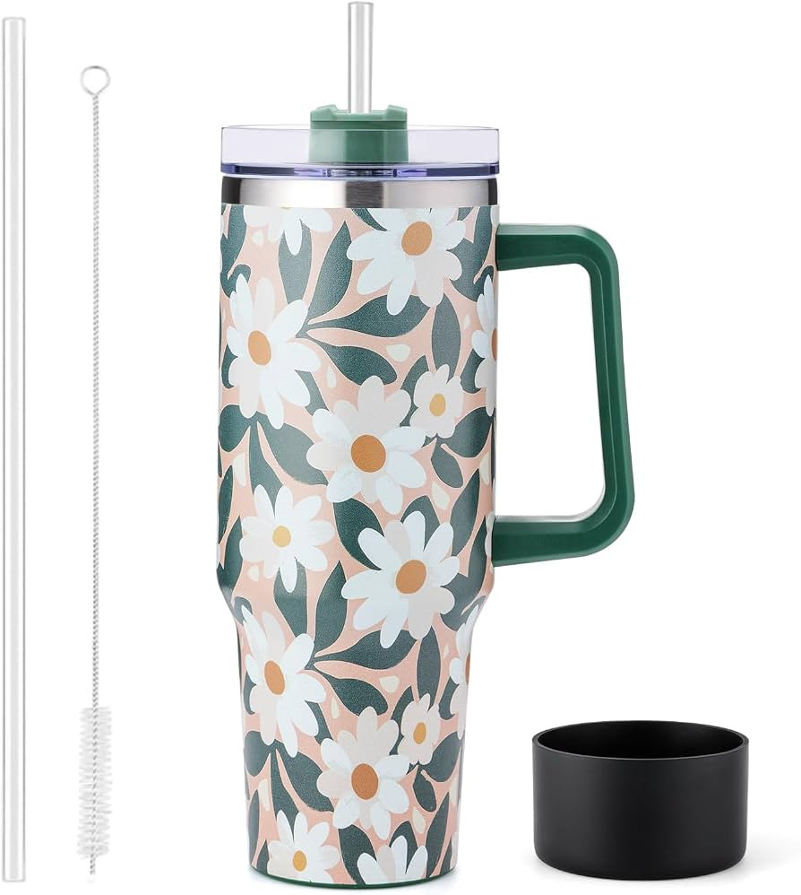 40 oz Tumbler with Handle and Straw, Flowers Insulated Travel Mug Iced Coffee Cup, Reusable Stain... | Amazon (US)