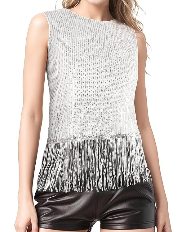 CROWN GUIDE Women's Glitter Sequin Tank Top Sleeveless Crewneck Sparkly Fringe Crop Top Party Shi... | Amazon (US)