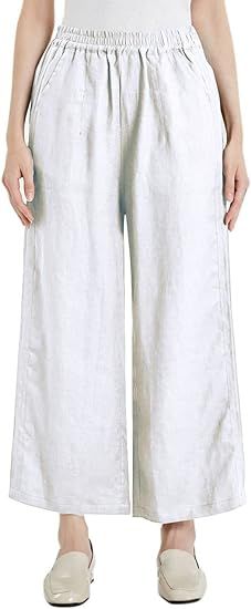IXIMO Women's Linen Pants Elastic Pleated Wide Leg Straight Fit Palazzo Pants | Amazon (US)