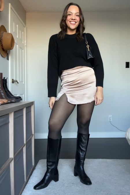 Holiday or party outfit! Details below:
-Satin gold skirt, similar linked. 
-Abercrombie black cashmere crew neck sweater, I have a medium. 
-Black tights from H&M, I have a large. 
-Black knee high leather boots from Madewell. I have the wide calf version. 
-Coach tabby shoulder bag 26. 


#LTKSeasonal #LTKHoliday #LTKCyberWeek