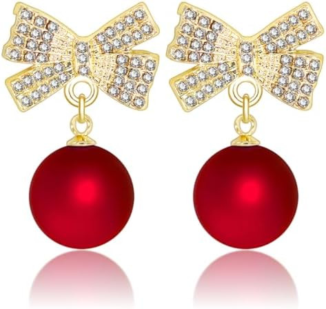 Bow Pearl Earrings for Women Red Green Elegant Ribbon Earrings Dainty Pearl Bow Jewelry Gifts for... | Amazon (US)