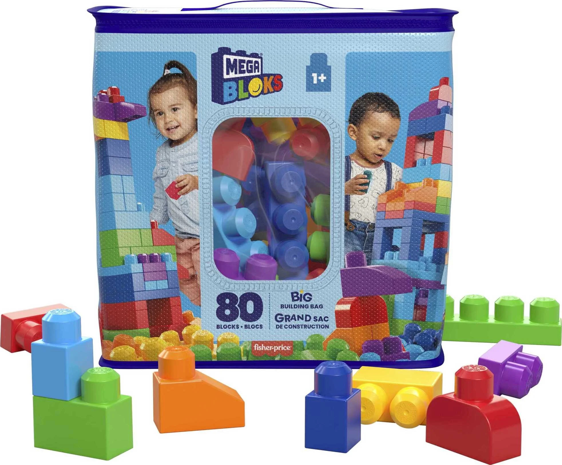 MEGA BLOKS Fisher-Price Toy Blocks Blue Big Building Bag with Storage (80 Pieces) for Toddler | Walmart (US)