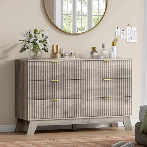 Wodeer 6 Drawer Fluted Dresser for Bedroom, Mid Century Modern Wooden Dresser with 6 Drawers, Dressers & Chests of Drawers with Metal Handle, TV Stand & Storage Organizer for Entryway, Hallway, Grey | Amazon (US)