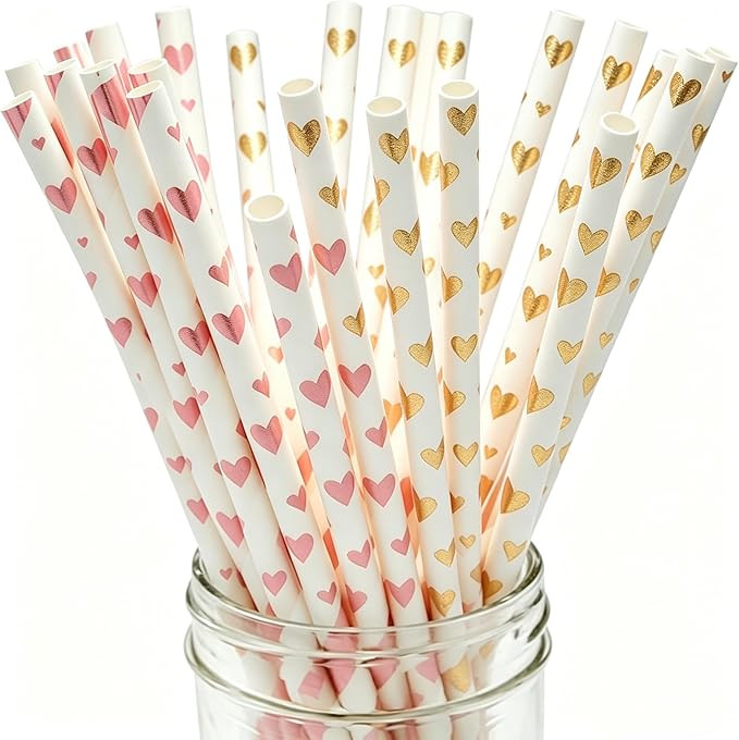 Metallic Gold & Pink Heart Paper Straws, [100 Pack] Cute Pink Princess Party Straw Disposable Dri... | Amazon (US)