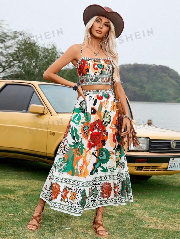 SHEIN VCAY Women's Vacation Plant Print Cami Top And Skirt Set | SHEIN