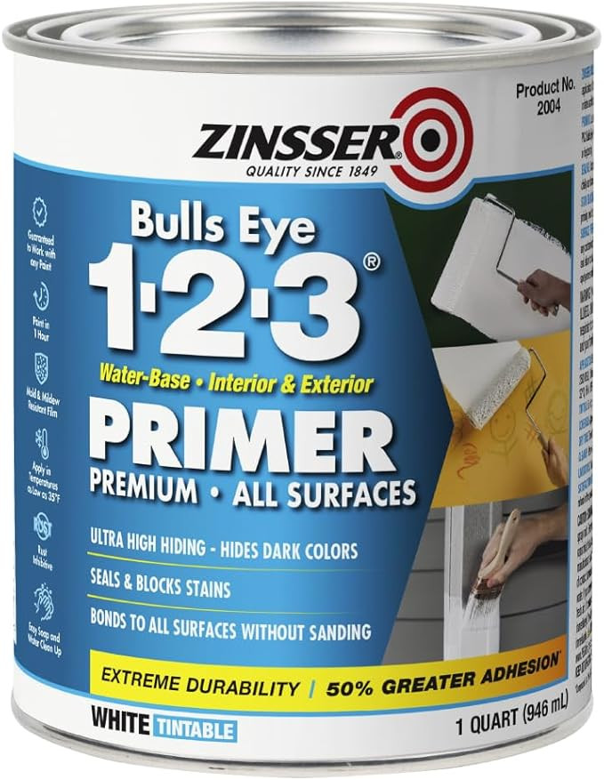 Rust-Oleum ZINSSER 1 qt 02004 White, Bulls Eye 1-2-3 Water-Based Stain Blocking Primer/Sealer | Amazon (US)