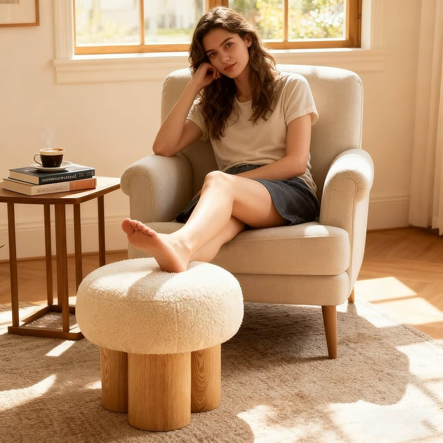 Small Round Foot Stool, Modern Mushroom Ottoman Boucle Pouf, Beige | Amazon (US)