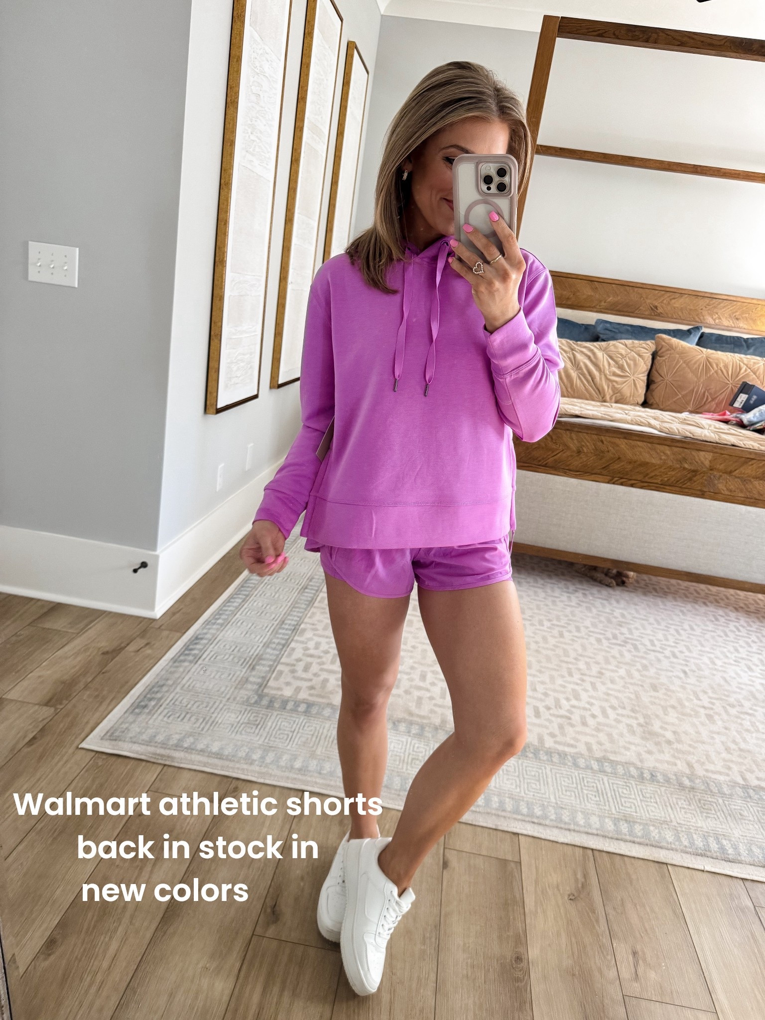 This Walmart athletic set is SO good 💗 Lightweight, comfy, and cute enough to wear out and about. The hoodie has the best relaxed fit and is The softest scubaknit material. the matching shorts are my favorite workout shorts of all time that are back in stock in new colors.￼ Perfect for errands, travel days, workouts and more — such a great Walmart find.

#WalmartStyle #WalmartOutfits #MatchingSet #CasualStyle #SpringBasics #ComfortableFashion #LTKUnder50
