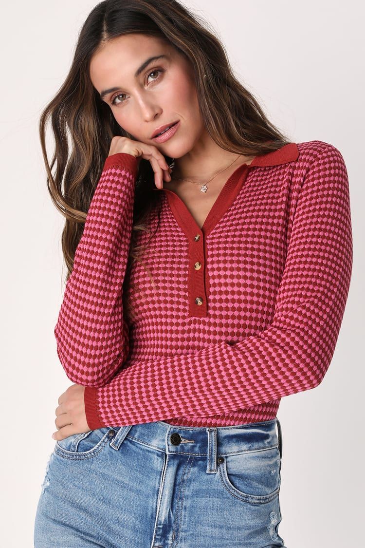 Retro Cutie Burgundy and Pink Knit Long Sleeve Bodysuit | Lulus (US)