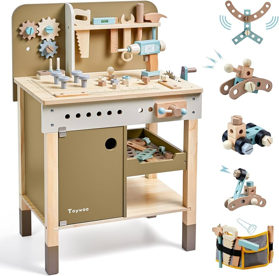 Kids Tool Set,Wooden Tools Bench with Apron Toddler Toy Workbench with Realistic Tools Electric D... | Amazon (US)