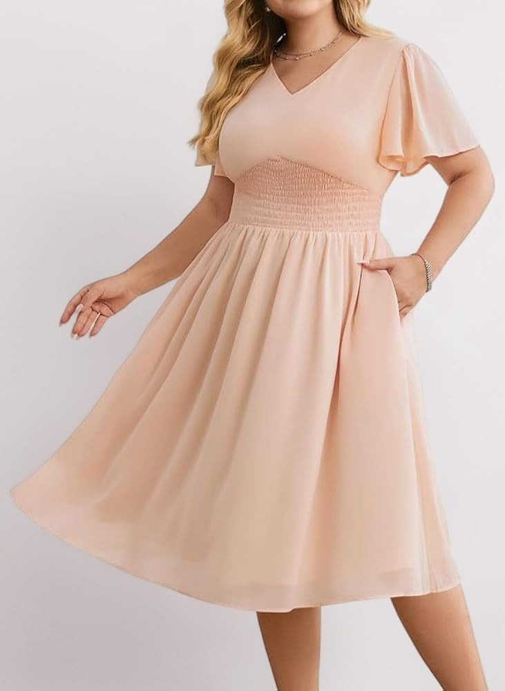 Hanna Nikole GroßE GrößE Damen Chiffon-Kleider RüSchenäRmel Freizeitkleider Halbformelles So... | Amazon (DE)