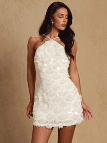 Glamine Women's Solid Color Spaghetti Strap Sleeveless Sequin Embellished Mini Dress White Sequin... | SHEIN