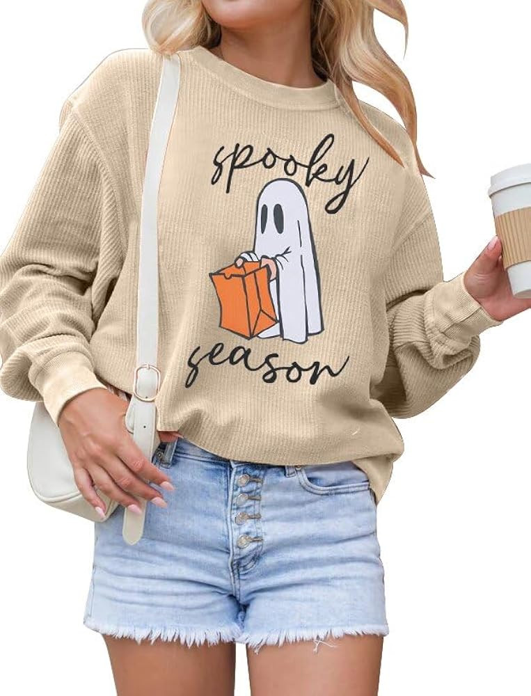 MYHALF Halloween Sweaters Womens Spooky Season Ribbed Knit Sweatshirt Cute Ghost Sweater Fall Cor... | Amazon (US)