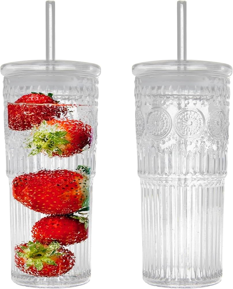 Bandesun All Glass Iced Coffee Cup With Lids and Straws，24 OZ High Borosilicate Glass Tumbler for Water Smoothie Juice Drinks | Amazon (US)